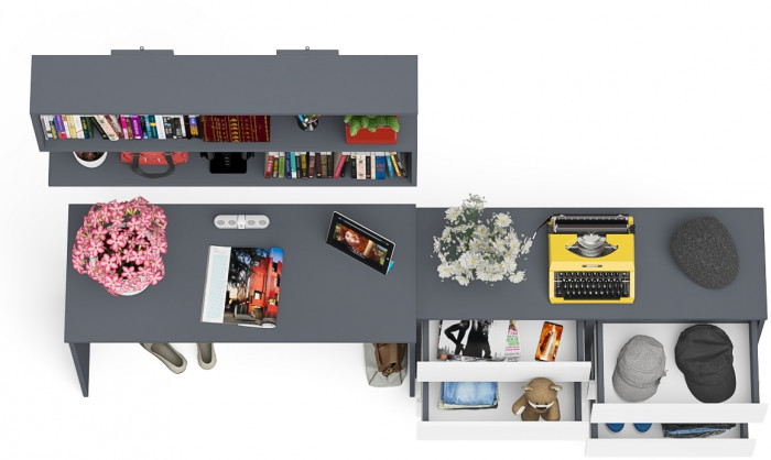 Мори Стол письменный МСП1200.1 + Комод МК1200.6 + Полка 1200, цвет графит/белый, ШхГхВ 240,8х50х209,6 см., универсальная сборка