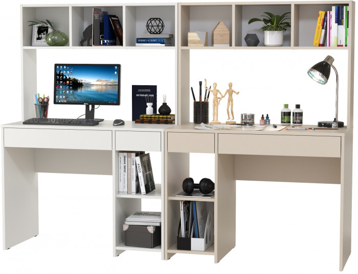 Стол компьютерный Комфорт 12.77F + Стол компьютерный Комфорт 12.77F, цвет белый шагрень/сатин, ШхГхВ 200х49,8х147 см., универсальная сборка