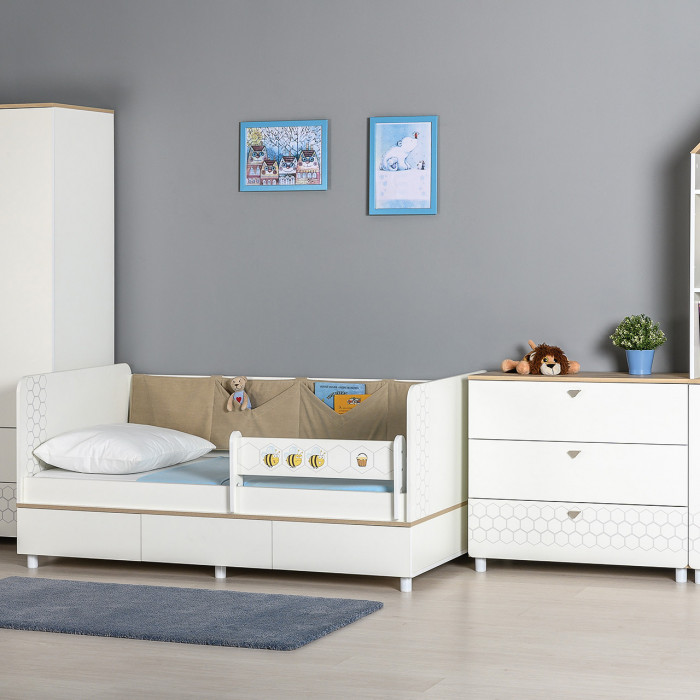 Эйп 11.40 Кровать + 13.322 Комод, цвет белый/дуб белый, сп. м. 800х1600 мм., б/м, основание есть, макс. нагрузка 80 кг., рек. выс. матр. 120 мм.