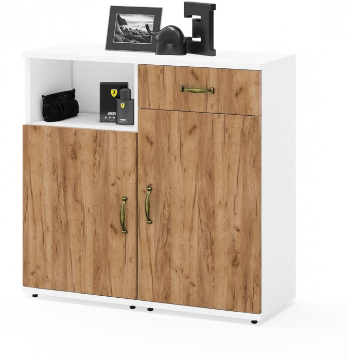 Лидер-8 Тумба МД 3.15 + Тумба МД 3.19, цвет белый шагрень/крафт золото, ШхГхВ 80х30х75 см., универсальная сборка