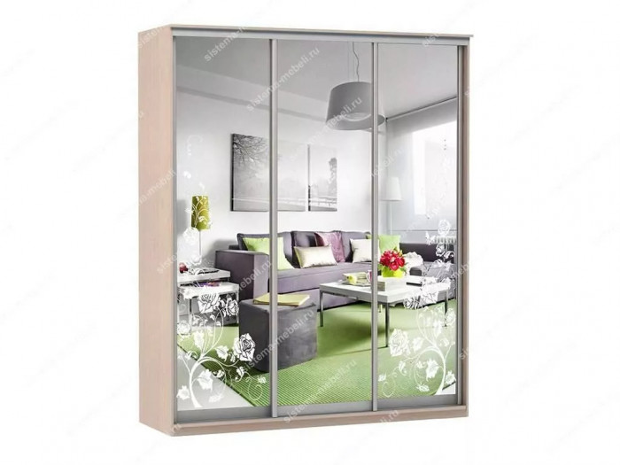 Шкаф купе Модерн 1776х450 3-х дверный 3-х секционный зеркальный с пескоструем №3 ясень