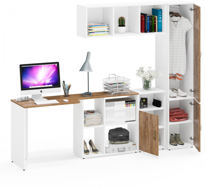 Лидер-8 Стол + Полка + Тумба МД 3.19 + Пенал МД 21Б, цвет белый шагрень/крафт золото, ШхГхВ 245х50/37,5х75/190 или 115х160/50х75/190 см., НЕ ун. сб.