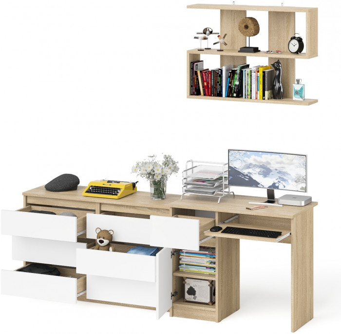 Мори Стол компьютерный МС-1 левый + Комод МК1200.6 + Полка 900, цвет дуб сонома/белый, ШхГхВ 210,4х50х209,6 см., НЕ универсальная сборка