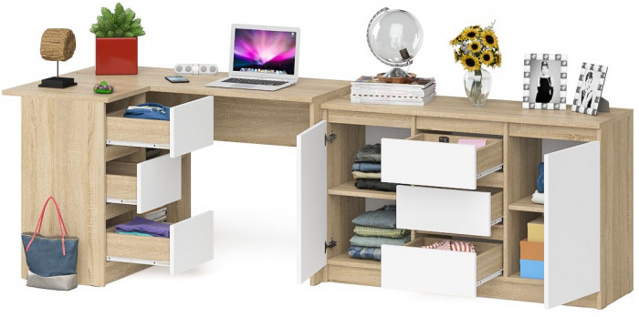Мори Стол компьютерный МС-16 левый + Комод МК1200.3, цвет дуб сонома/белый, ШхГхВ 244,8х84,9х76,6 см., выдвижные ящики слев, НЕ универсальная сборкаа