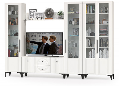 Валенсия Гостиная № 068, цвет ЛДСП белый шагрень/МДФ белый шагрень, ШхГхВ 327,2х38,3х225,2 см., ниша для ТВ 133х38х117 см., универсальная сборка