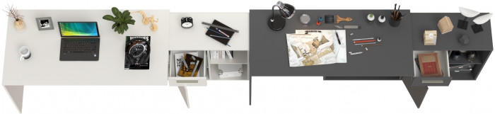 Два Стола письменных Лайт 03.245, цвет белый шагрень/тёмно-серый, ШхГхВ 342,9х136х75,2 см.(угловой) или 407,2х60х75,2 см.(прямой), универс. сборка