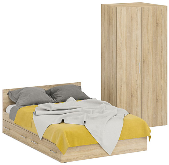 Кровать с ящиками 1400 + Шкаф угловой Стандарт, цвет дуб сонома, ШхГхВ 143,5х203,5х70 + 81,2х81,2х200 см., сп.м. 1400х2000 мм., б/м, основание есть