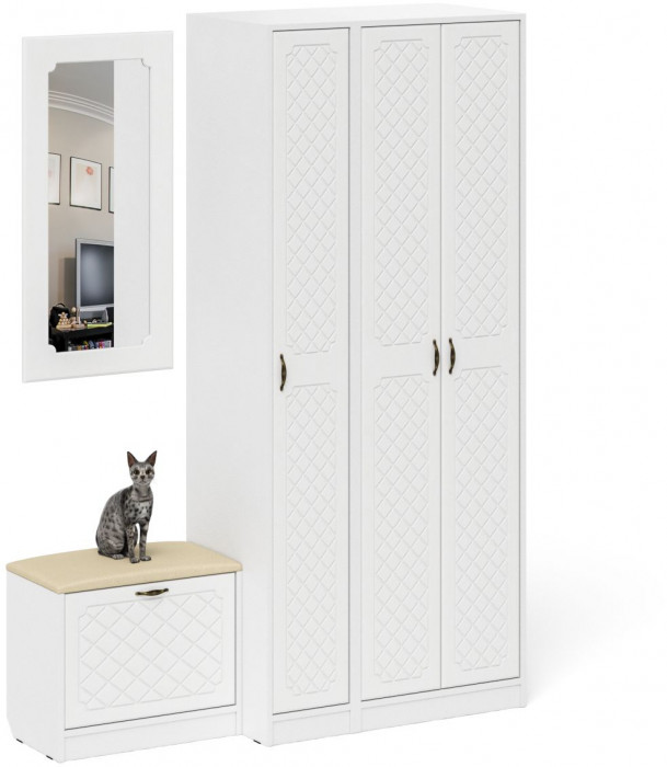 Прихожая П-6 Компоновка № 46, белая шагрень/фасады МДФ белое дерево фрезеровка ромб