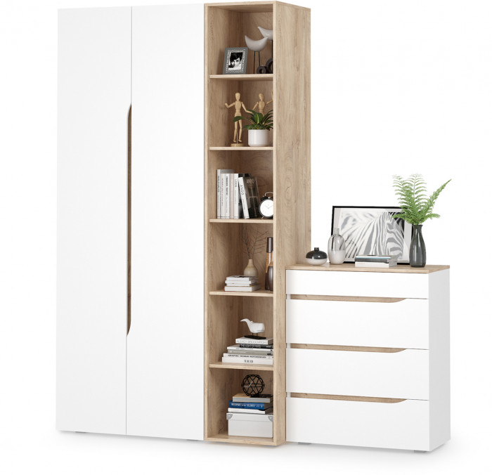 Муссон 13.198 Шкаф двухстворчатый + 13.349 Стеллаж + 13.97 Комод, цвет белый/дуб эндгрейн элегантный, ШхГхВ 204,6х52,3х229,8 см., НЕ универс. сборка