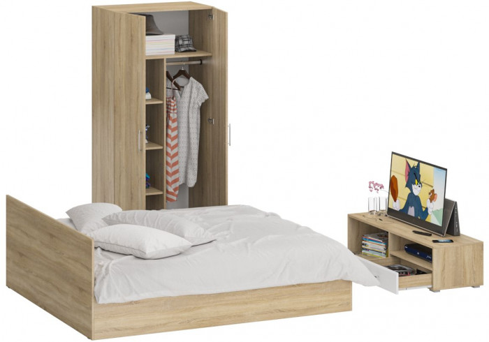 Спальня Стандарт 3-1800, дуб сонома/фасады ТВ тумбы МДФ белый глянец