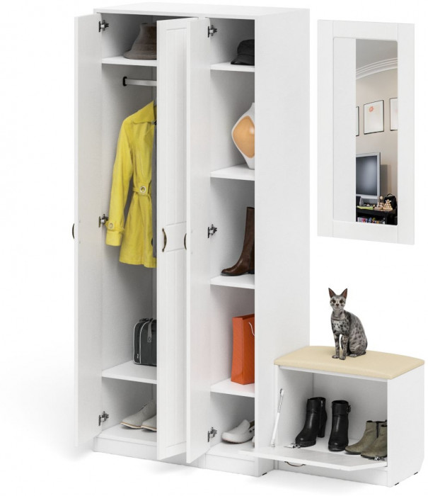 Прихожая П-6 Компоновка № 46, цвет белая шагрень/фасады МДФ белое дерево фрезеровка прованс, ШхГхВ 150х50х210 см., универсальная сборка