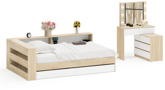 Ксения Кровать с ящиками 1200 + прикроватный блок + Столик с подсветкой 110, дуб сонома/белый