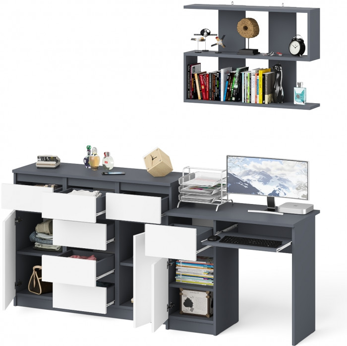 Мори компьютерный стол МС-1 левый + Комод МК1200.4 + Полка 900, графит/белый