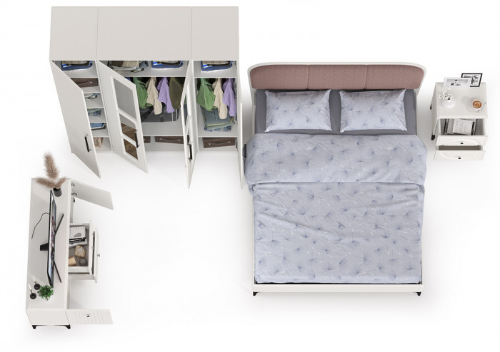 Валенсия Спальня № 44, цвет ЛДСП белый шагрень/МДФ белый шагрень/ткань велутто 19, ортопед есть, сп. м. 1600х2000 мм., б/м