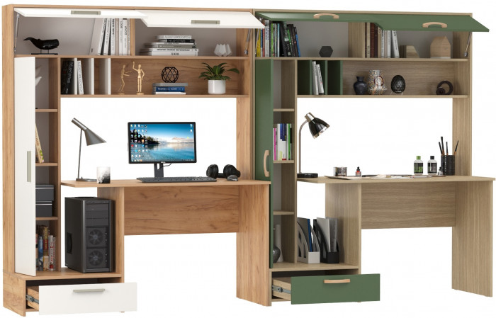 Два Стола письменных Лайт 03.243Н, цвет дуб крафт золотой/белый премиум/плэйн/дымчатый зелёный, ШхГхВ 300,4х57,3х179,9 см., НЕ универсальная сборка