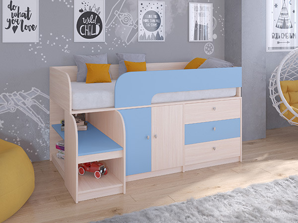 Кровать чердак Астра 9 V1 Дуб молочный/Голубой