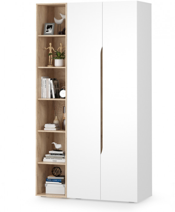 Муссон 13.198 Шкаф двухстворчатый + 13.349 Стеллаж, цвет белый/дуб эндгрейн элегантный, ШхГхВ 127,6х52,3х229,8 см., НЕ универсальная сборка