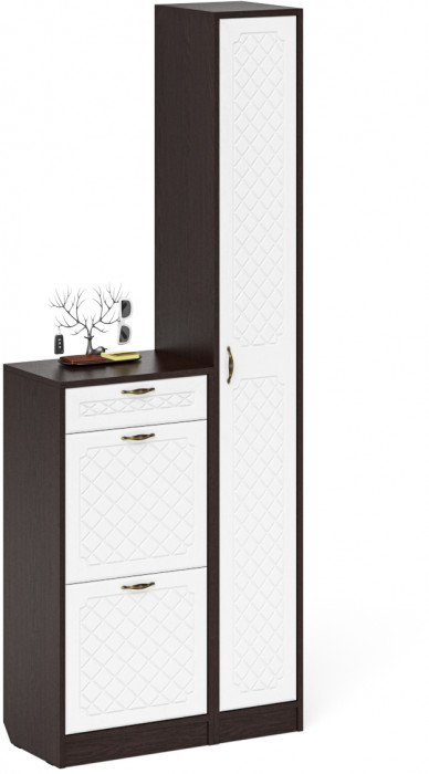 Прихожая П-6 Компоновка № 22, цвет венге/фасады МДФ белое дерево фрезеровка ромб, ШхГхВ 80х35х210 см., универсальная сборка