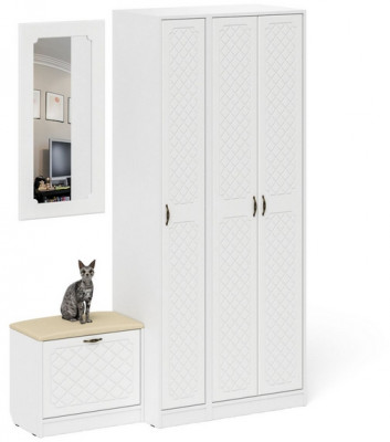 Прихожая П-6 Компоновка № 46, цвет белая шагрень/фасады МДФ белое дерево фрезеровка ромб, ШхГхВ 150х50х210 см., универсальная сборка