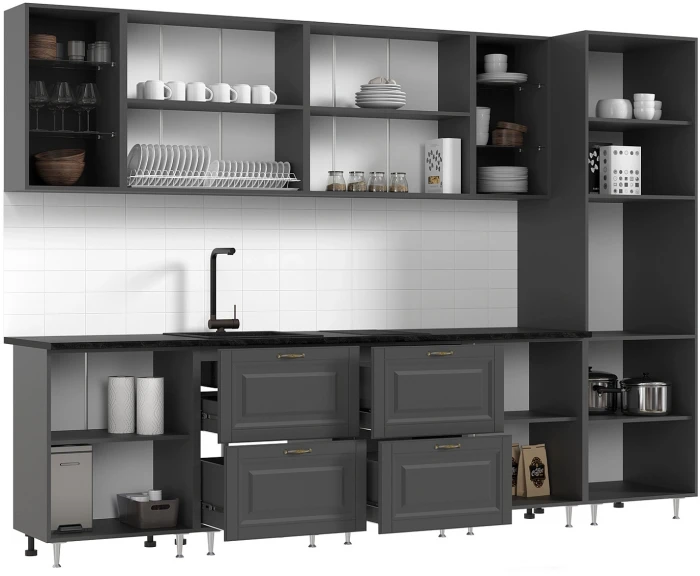 Кухня Престиж 3,0м Компоновка №1 Графит/Графит софт NEW/Прайм орех