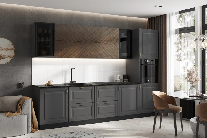 Кухня Престиж 3,0м Компоновка №1 Графит/Графит софт NEW/Прайм орех