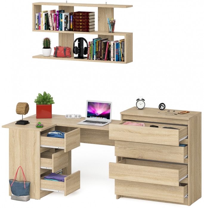Мори компьютерный стол МС-16 левый + Комод МК800.4 + Полка 1200, дуб сонома