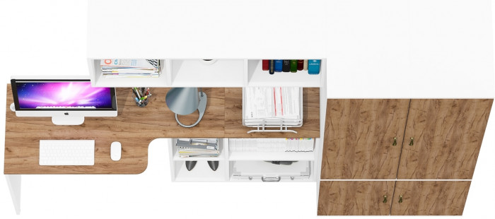 Лидер-8 Стол + Полка + Пенал МД 23Б + Пенал МД 23Б, цвет белый шагрень/крафт золото, ШхГхВ 245х50х75/190 или 115х160/50х75/190 см., НЕ ун. сборка