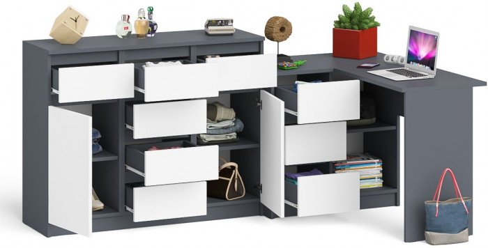 Мори Стол компьютерный МС-16 левый + Комод МК1200.4, цвет графит/белый, ШхГхВ 244,8х84,9х94 см., выдвижные ящики слева, НЕ универсальная сборка
