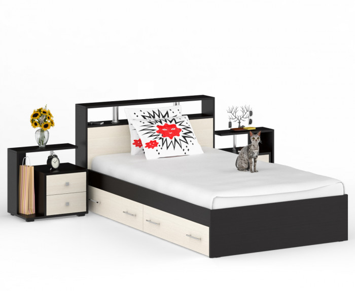 Камелия Кровать с ящиками 1200 + две тумбы, цвет венге/дуб лоредо, ШхГхВ 236х217х78,2 см., сп.м. 1200х2000 мм., без матраса, основание есть