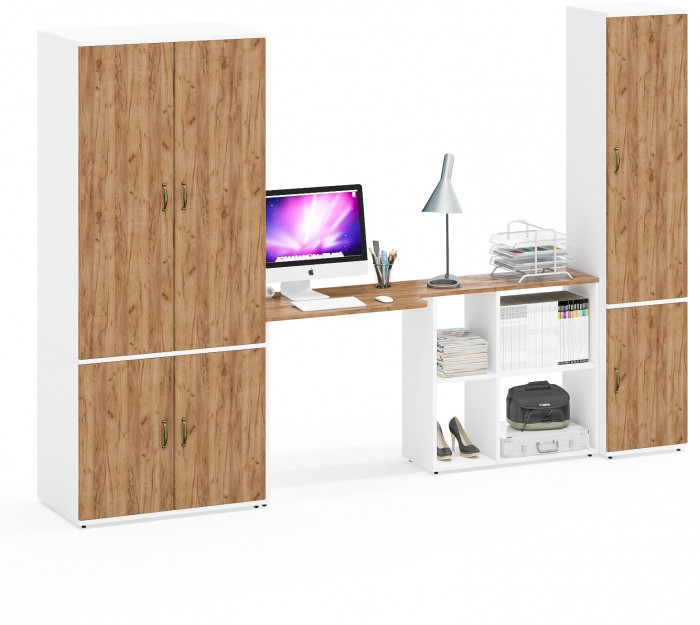 Лидер-8 Шкаф МД 19Б + Стол + Пенал 21Б, белый шагрень/крафт золото