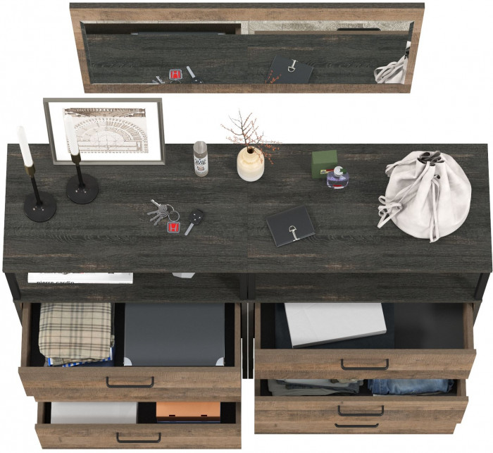 Трувор 13.307.02 Комод с ящиками + 13.307.02 Комод с ящиками + 15.30 Зеркало, цвет дуб гранж песочный/интра, ШхГхВ 132х37х195 см.