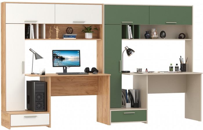 Два Стола письменных Лайт 03.243Н, цвет дуб крафт золотой/белый премиум/сатин/дымчатый зелёный, ШхГхВ 300,4х57,3х179,9 см., НЕ универсальная сборка