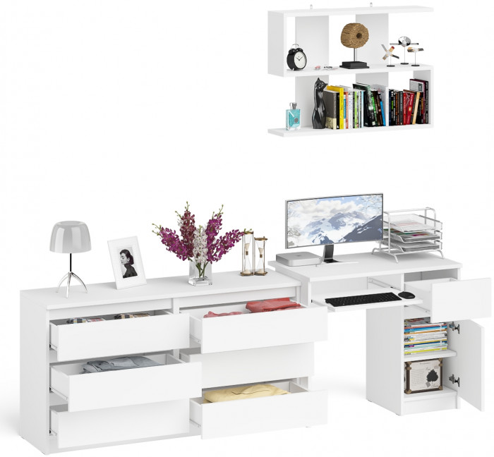 Мори Стол компьютерный МС-1 правый + Комод МК1380.6 + Полка 900, цвет белый, ШхГхВ 228х50х209,6 см., НЕ универсальная сборка