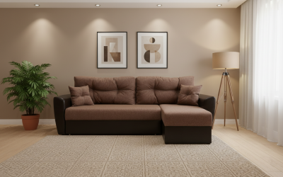 Диван-еврокнижка угловой Амстердам, 150х200, рогожка/экокожа коричневый