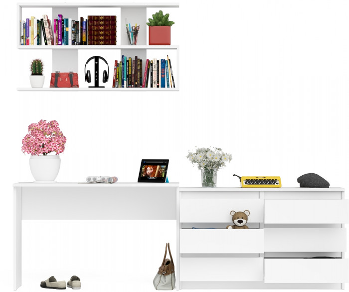 Мори письменный стол МСП1200.1 + Комод МК1200.6 + Полка 1200, белый