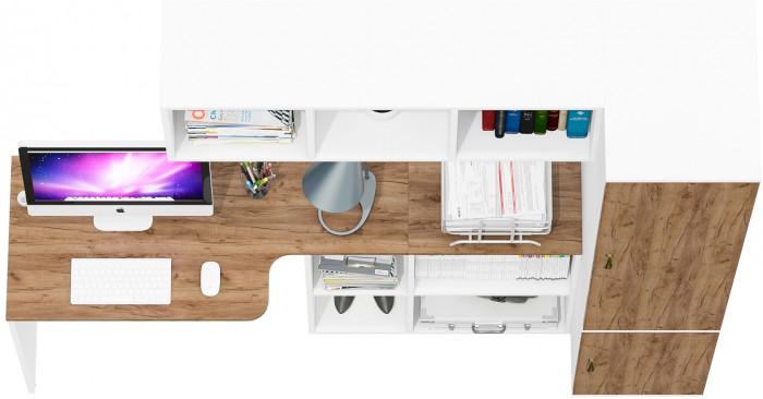 Лидер-8 Стол + Полка + Пенал МД 23Б, цвет белый шагрень/крафт золото, ШхГхВ 205х50/50х75/190 или 115х50/120х75/190 см., НЕ универсальная сборка