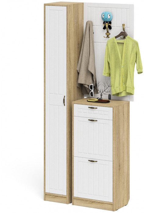 Прихожая П-6 Компоновка № 24, цвет дуб сонома/фасады МДФ белое дерево фрезеровка прованс, ШхГхВ 90х35х210 см., универсальная сборка