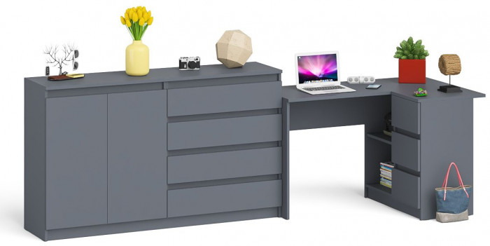 Мори Стол компьютерный МС-16 правый + Комод МК1600.1, цвет графит, ШхГхВ 284,8х84,9х94 см., выдвижные ящики справа, НЕ универсальная сборка