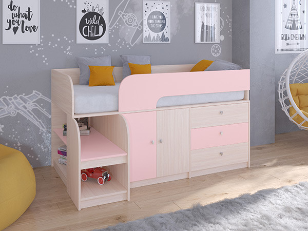 Кровать чердак Астра 9 V1 Дуб молочный/Розовый