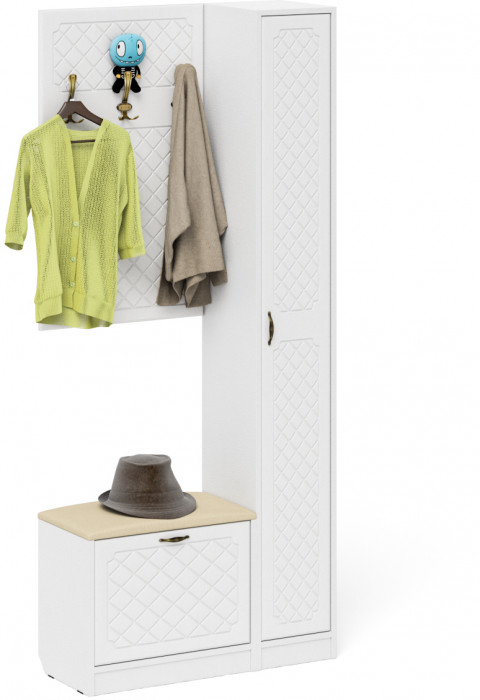 Прихожая П-6 Компоновка № 21, белая шагрень/фасады МДФ белое дерево фрезеровка ромб