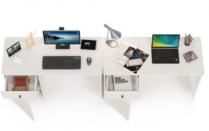 КР100 Роуз 12.148 Стол письменный + 12.148 Стол письменный, цвет ЛДСП белый(тиснение Поры дерева)/МДФ ясень ваниль, ШхГхВ 238х51,7х76,3 см., ун. сб.