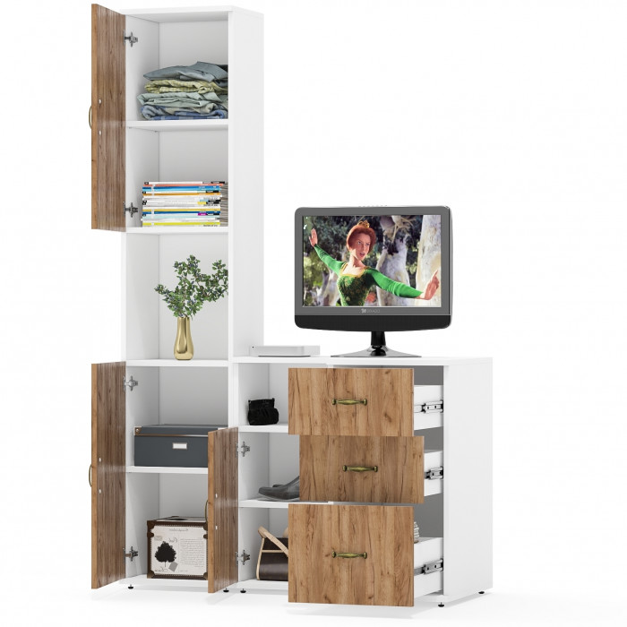 Лидер-8 Пенал + Тумба МД 3.16 + Тумба МД 3.19, белый шагрень/крафт золото