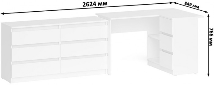 Мори Стол компьютерный МС-16 правый + Комод МК1380.6, цвет белый, ШхГхВ 262,4х84,9х76,6 см., выдвижные ящики справа, НЕ универсальная сборка