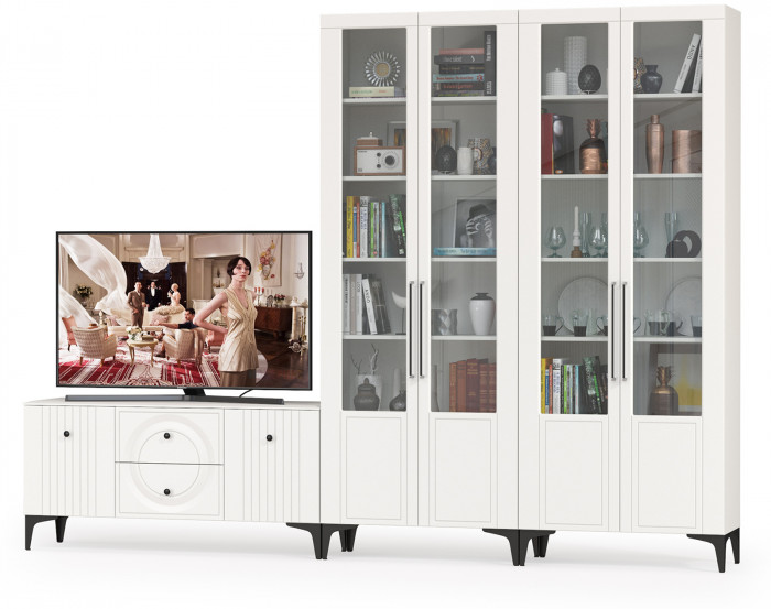 Валенсия Гостиная № 073, цвет ЛДСП белый шагрень/МДФ белый шагрень, ШхГхВ 301,3х38,3х225,2 см., универсальная сборка