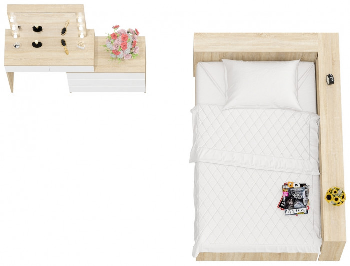 Ксения Кровать с ящиками 1200 + прикроватный блок + Столик с подсветкой 110, дуб сонома/белый