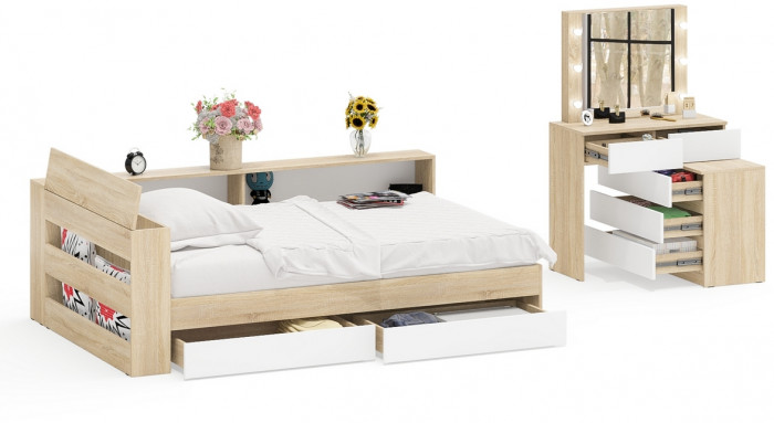 Ксения Кровать с ящиками 1200 + прикроватный блок + Столик с подсветкой 110, дуб сонома/белый