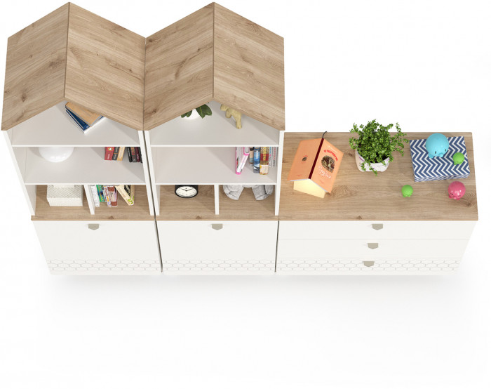 Эйп 13.14 Стеллаж + 13.322 Комод + 13.14 Стеллаж, цвет белый/дуб белый, ШхГхВ 191х41,5х183,8 см., универсальная сборка