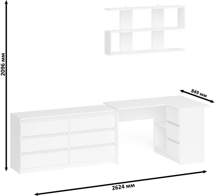 Мори компьютерный стол МС-16 правый + Комод МК1380.6 + Полка 1200, белый