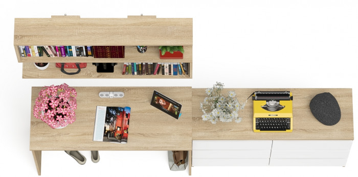 Мори письменный стол МСП1200.1 + Комод МК1200.6 + Полка 1200, дуб сонома/белый