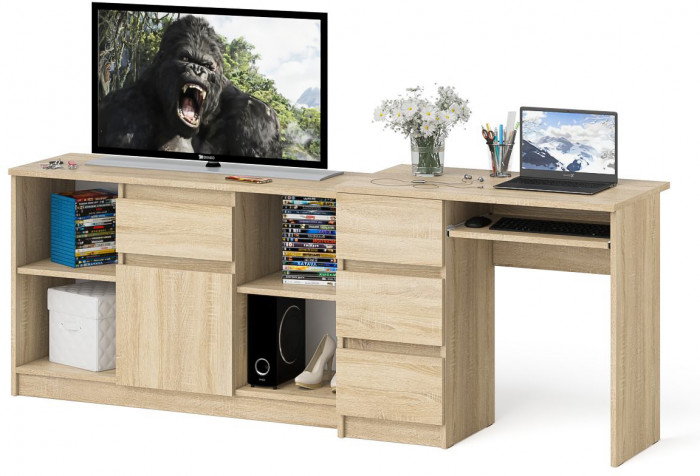 Мори Стол компьютерный МС-6 левый + Тумба МТВ1204.1, цвет дуб сонома, ШхГхВ 210,4х50х76,6 см., выдвижные ящики слева, НЕ универсальная сборка